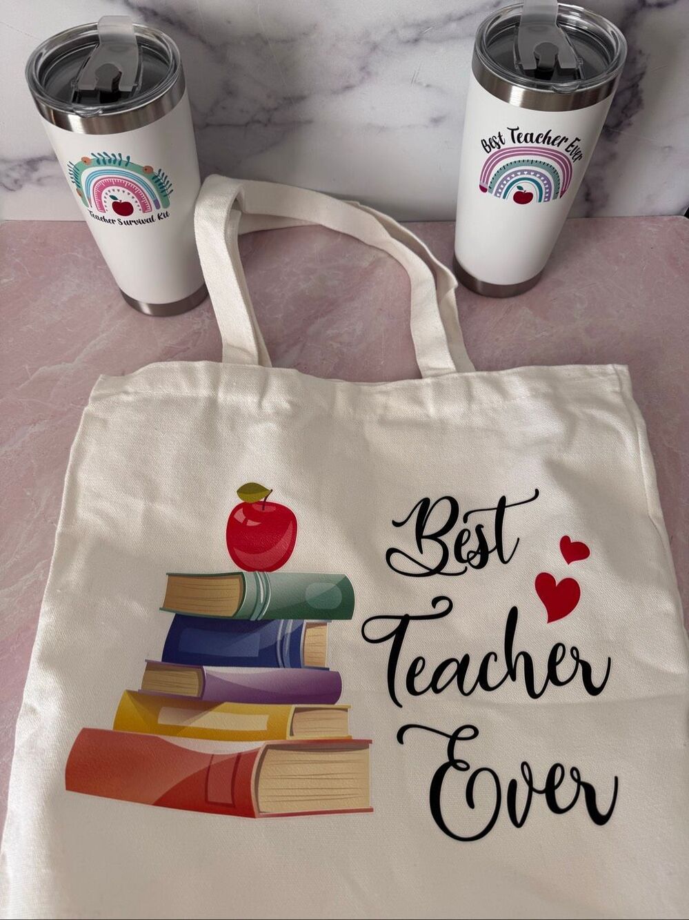 Best teacher ever 2 thermal & cotton canvas tote bundle brand new cream white ra